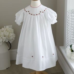 White Smocked Feltman Brothers Bishop Dress Red & Green Embroidery 2T/3T SPECIAL